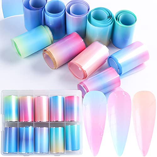 Xeaohesy 10 Rolls Fluorescent Aurora Color Nail Foils Nail Art Transfer Stickers Kit Colorful Neon Nail Foil Stickers Gradient Iridescent Transfer Sheets Foil Nail Wraps For Nail Art Supplies #TOP14