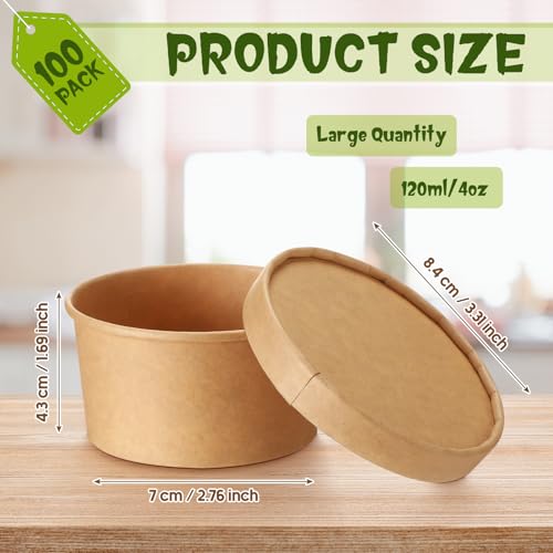 Image of Fulmoon 4 oz 100 Pack Paper Containers with Lids Soup Bowl Cup, Brown | Disposable Ice Cream Cup, Kraft Food Containers with Vented Lid Stackable for Hot Soup Dessert Cake Fruit Microwave Takeout