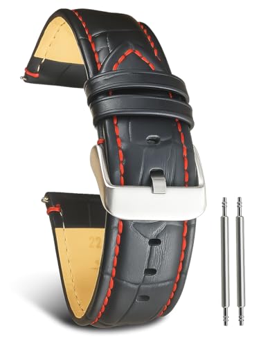 Bracelet de montre en cuir de veau noir pour homme, 22 mm ou 20 mm avec coutures rouges, 20 mm