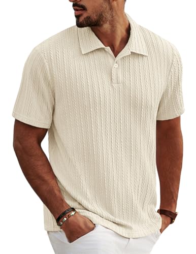 PJ PAUL JONES Polo Shirts for Men Short Sleeve Textured Knit Polo Fashion Summer Shirts Old Money Clothes Ivory
