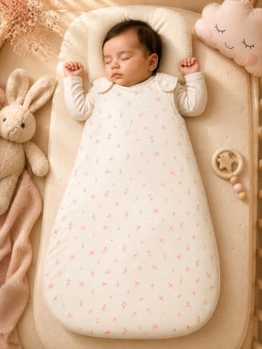 Image of TuddyBuddy Baby Cotton Wearable Quilted Sleeping Bag Blanket 1.5 Tog with 2 Way Zipper Closure | Ideal for Babies & Kids Hypoallergenic Fabrics | (Pink Butterflies - Off White, 0-6 Months)