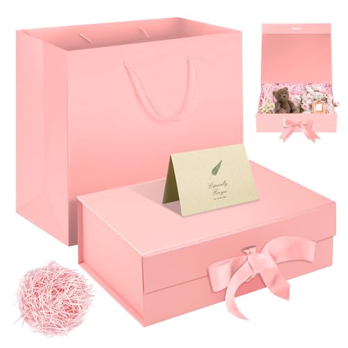 Caja de regalo magnética de lujo rosa de 32,5 x 23 x 10,5 cm, caja de embalaje grande con cinta, tarjeta de felicitación de papel triturado con bolso, fácil montaje, cajas de recuerdos de fiesta para