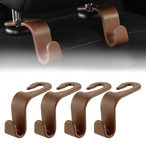 MTABCTY Purse Hook for Car, 4 PCS Car Purse Hook Headrest Hooks, 360° Rotatable Back Seat Storage Organizer, Universal Vehicle Seat Hanger for Purses, Handbags, Grocery Bags, Water Bottles, Brown