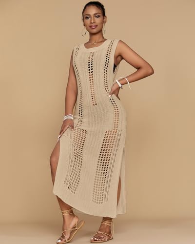 Image of Bsubseach Womens Crochet Beach Cover Ups Sleeveless Swimsuit Dress