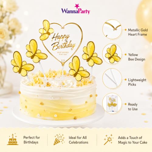 Image of Wanna Party Gold Butterfly Happy Birthday Cake Topper Set, Heart Birthday Cake Decoration with Golden Butterfly Picks for Birthday Party, Cake Decor, Dessert Table & Celebration Supplies