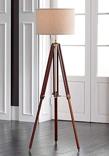 Surveyor Modern Tripod Floor Lamp Cherry Wood Beige Linen