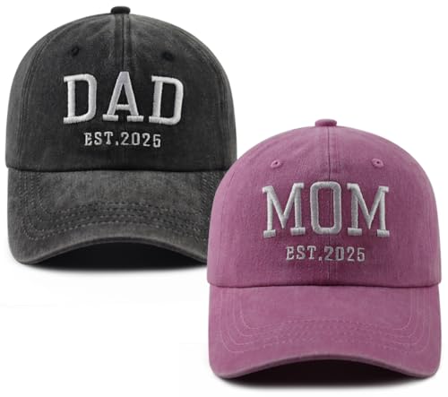 Image of 2PCS Mom and Dad EST 2025 Hat for Women Men, Funny Adjustable Cotton Embroidered New Parents Gifts Baseball Cap