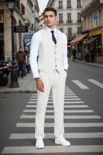 Summer Linen Men's Suit Slim Fit 2 Piece Set Vest Pants Men Suit Casual Breathable for Wedding Groom Prom Party Formal2