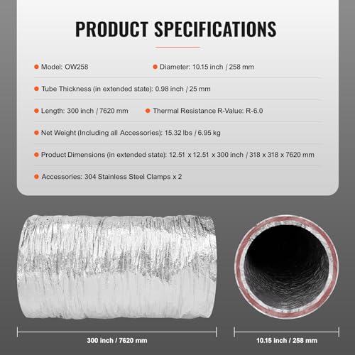 VEVOR 10 Inch Insulated Flexible Duct R-6.0，25 Feet Long with 2 Duct Clamps, Heavy-Duty Three Layer Protection Air Ducting Hose for HVAC Heating Cooling Ventilation and Exhaust Ductwork Insulation by VEVOR - Image 7
