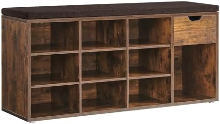 VASAGLE Shoe Storage Bench, Hallway Bench with Cushion, Drawer and Open Compartments, Shoe Bench with Seat, for Living Room, Bedroom, Closet, Rustic Brown and Bronze LHS024T01