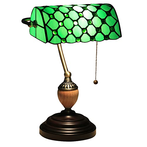 AIBOTY Lampe de banquier Vintage Style Tiffany Bleu Vert vitrail Lampe de Table de Chevet Chambre Lampe de Bureau avec Interrupteur à Tirette, Lampe Cadeau pour Noël, Anniversaire,Vert,Large