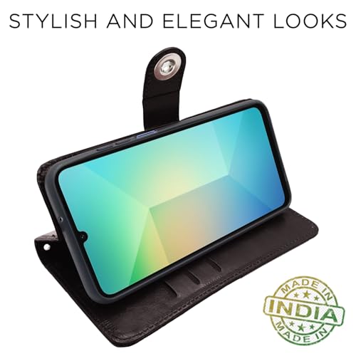 Image of Pikkme Flip Cover Leather Finish | Inside TPU with Card Pockets | Wallet Stand and Shock Proof | Complete Protection Button Flip Case for Samsung Galaxy A06 (Coffee)