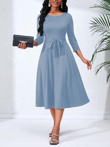 Image of Women's Caual Midi Dress 3 /4 Sleeve Crewneck A-line Swing Dress for Women with Belt for Wedding Guest & Cocktail Party Sky Blue Small