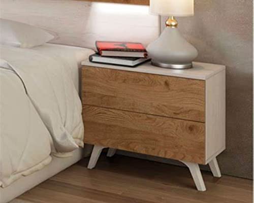 Somnia Descanso Mesita de Noche Estilo Nórdico, Modelo Britta, con 2 Cajones y Patas, Diseño Práctico y Elegante, Colores Andersen-Roble, Medidas: 52 cm Ancho x 50 cm Alto x 34,8 cm Fondo