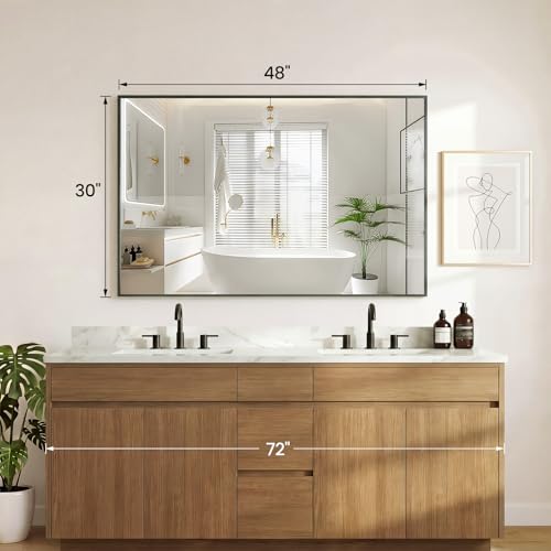 Image of Sweetcrispy Bathroom Mirror for Over Sink, 30 inch x 48 inch Rectangle Wall Mount Mirrors with Metal Frame, Modern Vanity Mirror with Tempered Glass, for Home Decor, Anti-Rust, Black