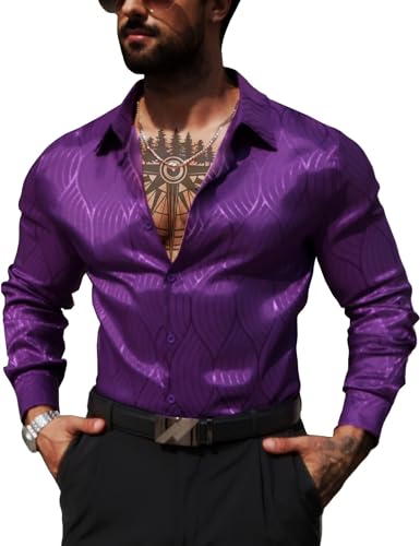 Men Metallic Satin Dress Shirt Luxury Jacquard Long Sleeve Casual Button Down Shirts Silk Shirts