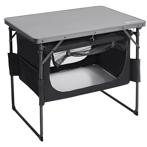 Portal Folding Camping Table with Storage Removable Cupboard Foldable Picnic Table Aluminium Composite Top Outdoor Garden Table Collapsible Durable Heavy Duty for BBQ Beach Campervan Motorhome Patio