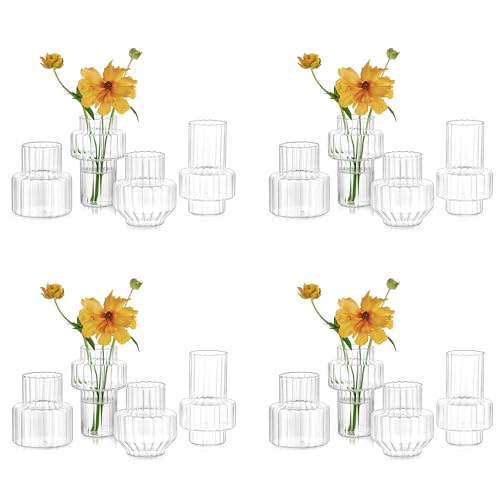 Hewory Ribbed Bud Vases for Centerpieces: Set of 16 Small Clear Glass Vase for Bridal Baby Shower Home Decor - Modern Table Decoration for Wedding & Event Planners