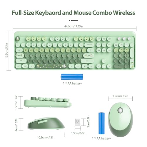 Image of Fogruaden Green Keyboard and Mouse Wireless, Retro Typewriter Keyboard, 2.4GHz 104 Keys Full Size Cute Keyboard with Number Pad, Gradient Colorful Keyboard with Round Keycaps for Windows PC Laptop