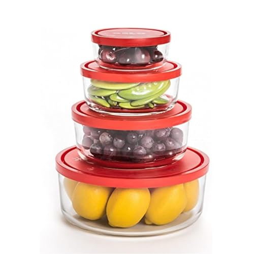 Bormioli Rocco Gelo 4pc Glass Storage Container/Food Storage Set with Red Lid (11.75 oz., 24.25 oz., 44.75 oz., 93.75 oz.)