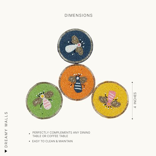 Image of Dreamy Walls 4'' Honeybee Beaded Coasters for Drinks, Tabletop & Coffee Table | Easy Clean, Non-Slip & Heat-Resistant, Party /Office /Home Decor | 4 Inches, Set of 4, Multicolor, Embroidered, Round