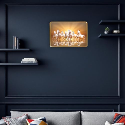 Image of Vastu 7 Seven Running Horse Photo Frame, Golden Slim Frame, Sparkle Coated Lamination, 30x45 cm (Design 5)