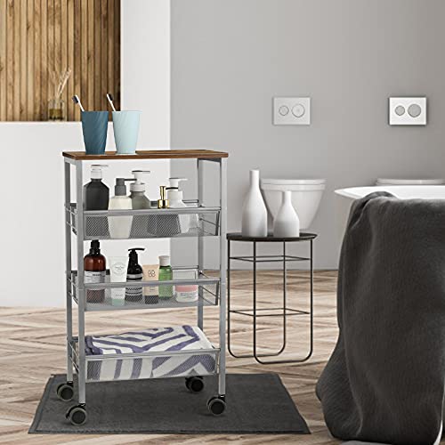 Sehertiwy Kitchen Island Cart On Wheels, 4-Tier Rolling Storage Microwave Rack With Wooden Shelves, Lockable Utility Cart With Mesh Baskets For Narrow Space In Dining Room Bathroom, Silver #TOP6
