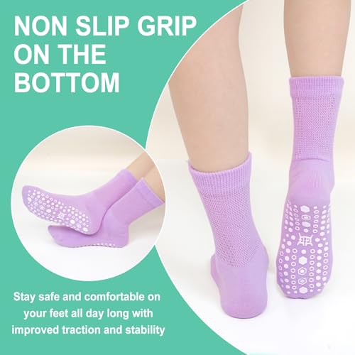 Image of CaiDieNu Non Slip Socks for Women: Non Skid Grip Socks for Elderly Hospital | Non Binding Grippy Crew Slipper Socks for Pregnant & Daily Wear, Wide Grippers Prevent Falls, Great Gifts for Seniors 5 Pairs