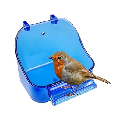 OTKARXUS Bird Bath for Cage- Multi-functional Bird Bath Tub Hanging Parrot Bathtub Shower Box Food Feeder Cage Accessory for Small Birds Canary Budgies Parrots Cockatiel Lovebird Hamster (Blue)