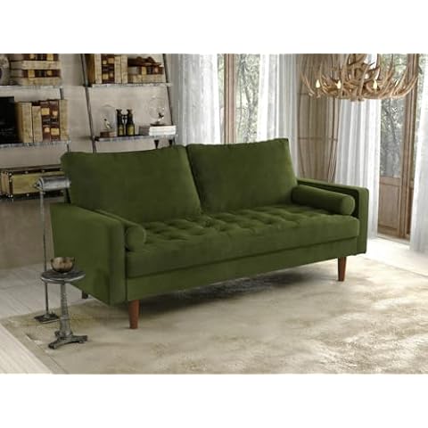 ILOFRI Modern Fabric 3 person Sofa Couch with 2 cylinder Pillows and Wood Legs, Easy to Install Fabric Comfy Couches for Living Room, Bedroom, Apartment, Office - Army Green Cover
