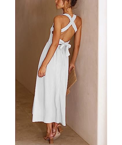 Image of Sexyshine Women's Square Neck Halter Lace Up Criss Cross Maxi Dress Tie Back Sleeveless Smocked Ruched A Line Dress