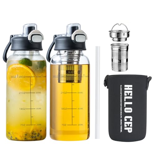 Aurfedes 35oz Glass Water Bottles with Time Marker & Straw, BPA-Free Leakproof Glass Drinking Bottles with Protective Sleeve & Tea Infuser for Office Travel Sport (2PCS)