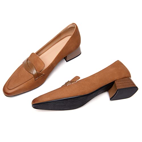 Image of FEMSTEP Women's Loafer Square Toe Slip On Casual Office Matte Leather Chunky Low Heel Formal Shoes 1.5 Inch