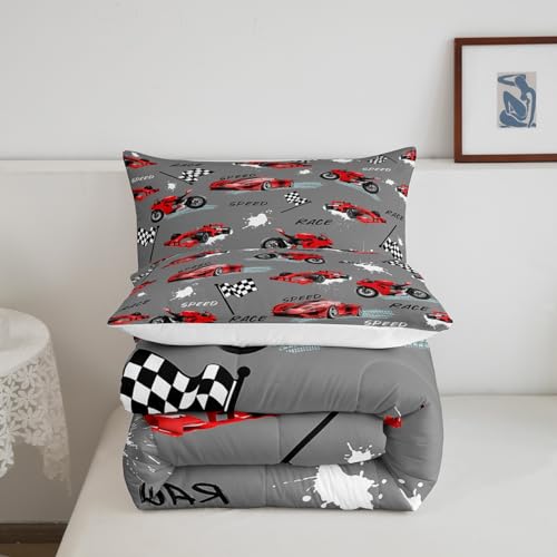 Feelyou Kids Red Grey Race Car Comforter Set Twin Size for Boys Girls — view 5
