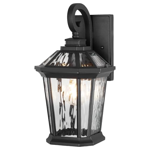 Image of JYZ 18 inch Outdoor Wall Light Lantern, Anti-Rust Exterior Wall Sconce with Hammered Water Ripple Glass, Waterproof Matte Black Outside Lighting Fixture for Front Door Porch Garage E26 Base