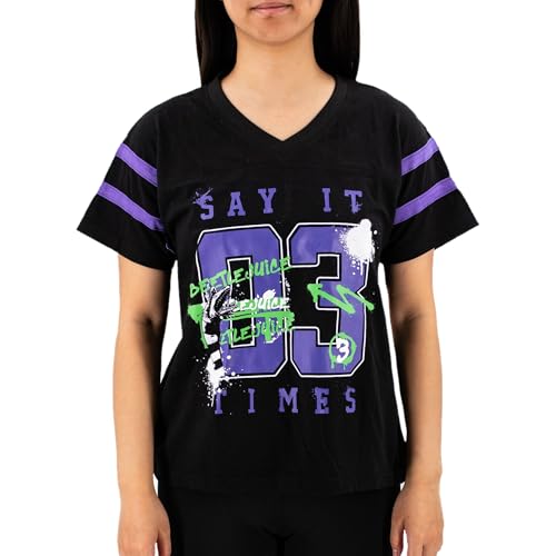 Ripple Junction Beetlejuice Womens V-Neck Jersey Striped Sleeve T-Shirt Say It Three Times Sandworm Black Purple Medium