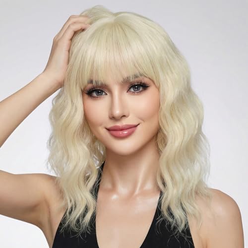 Image of Pastel 613 Blonde Wavy Bob Wig for Women, Short Shoulder Length Synthetic Wig with Bangs, Matte Natural Realistic Look Lightweight Hairpiece, Blonde Color for Daily Wear & Cosplay Costume