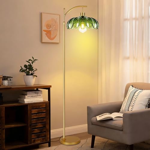KlkrzJwy Nordic Arc Floor Lamp Flower Glass Floor Lamp Height Adjustable Golden Standing Lamp with E26 Dimmable Green Glass Tall Light for Living Room Bedroom Study Dining Room(Includes Bulb)