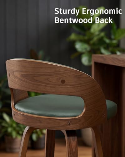 Image of AQG Swivel Bar stools Set of 1 Bar Chairs 30 inch Counter Height Mid-Century Modern Bentwood Barstool PU Leather Upholstered Bar Chair with Back and Footrest, for Bar, Cafe, Dining, Kitchen Island, Green