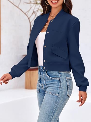 Image of Tankaneo Womens Cropped Bomber Jackets Casual Button Down Long Sleeve Stand Collar Varsity Shacket Coats