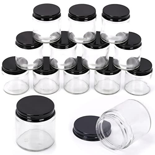 Swpeet Paquete de 12 tarros de vidrio transparente de 4 onzas de 120 ml con tapa negra, kit surtido de recipientes redondos, tarros de vidrio cosméticos con tapas, de viaje, recipientes para crema