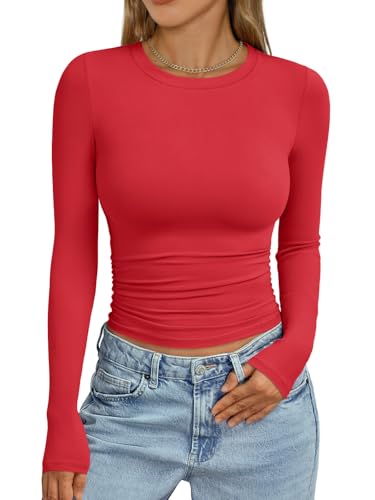 Trendy Queen Womens Long Sleeve Shirts Crop Tops Fall Fashion 2025 Going Out Basic Winter Clothes Red XS