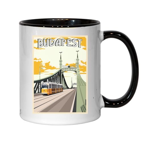 Atspauda Budapest - Tazza da tè e caffè in ceramica, motivo: ponte ungherese, colore: nero