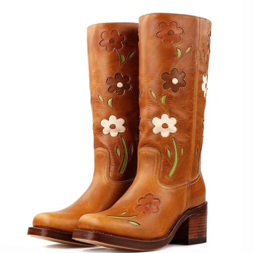 Women's Knee High Square Toe Chunky Heel Tall Boots for Women Fashion Wide Calf Riding Boots Trendy Flower Booties2