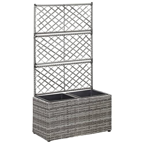 Myheimly Hochbeet mit Rankgitter 2 Töpfe 58×30×107cm Poly Rattan Grau