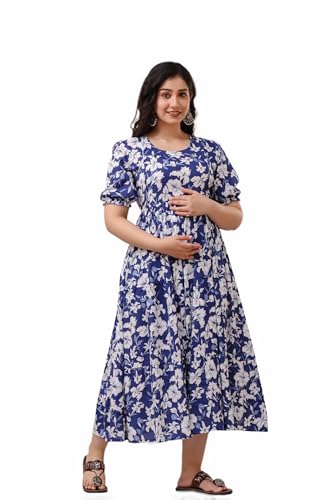 Image of Women's Rayon Anarkali Maternity Ankle Length Dress, Pregnancy Dress,Feeding Kurti,Easy Brest Feeding Dress, with Both Side 9 inch Zipper and Belt