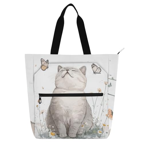 Bolsa para libros resistente con bolsillo con cremallera y estampado de gato británico de pelo corto