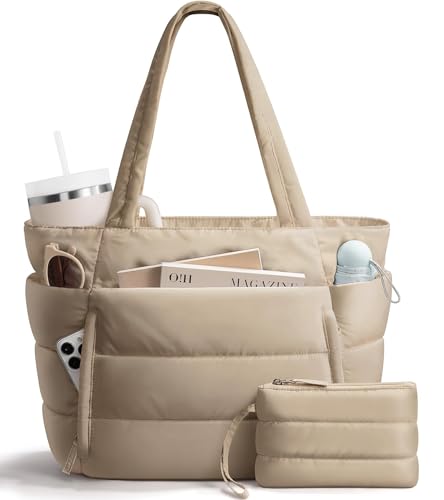 Puffer Tote Bag for Women, Lightweight Puffy Work Handbag Teacher Nurse Quilted Shoulder Bag for School Travel Gym