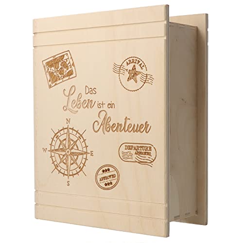 Spruchreif · Spardose Buch aus Holz mit Gravur · Geldgeschenk Sparbüchse · Geschenk Urlaubsgeld · Urlaubskasse · Reise · Schüleraustausch · Abenteuer
