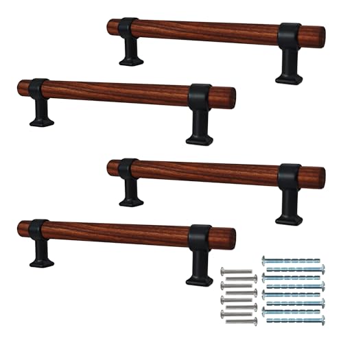 bociloy 4Pcs 6.6” Walnut Wood Drawer Pulls, 128mm/5 Hole Center, Kitchen Cabinet Hardware Handles, Metal and Wooden Cabinet Knobs, T Bar Knob Pull Handles for Wardrobe, Dresser, Cupboard